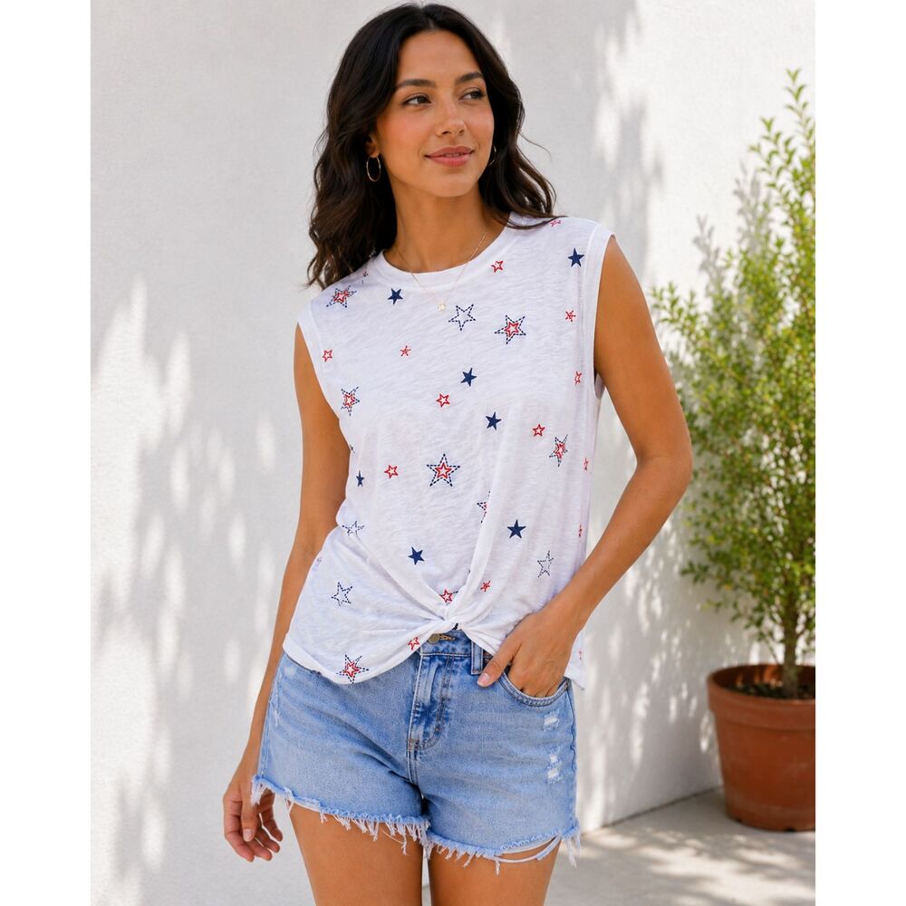 Lucky Brand Star Embroidered Twist Front Sleeveless Tee White Size S